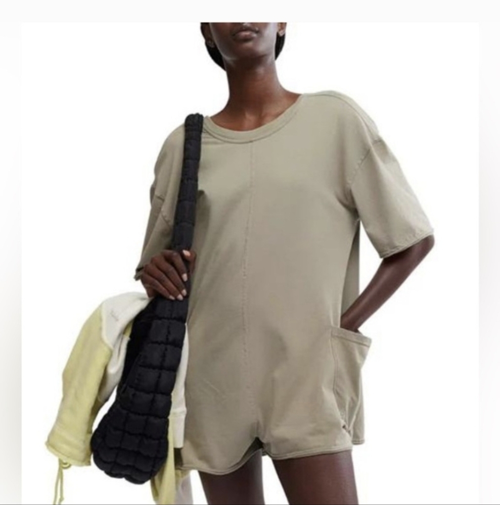 Free People FP MOVEMENT Hot Shot Tee Romper Sage Stone $60 Retail NWT